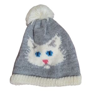 COAL HEAD WEAR gray knitted beanie white cat face with bright blue Kids